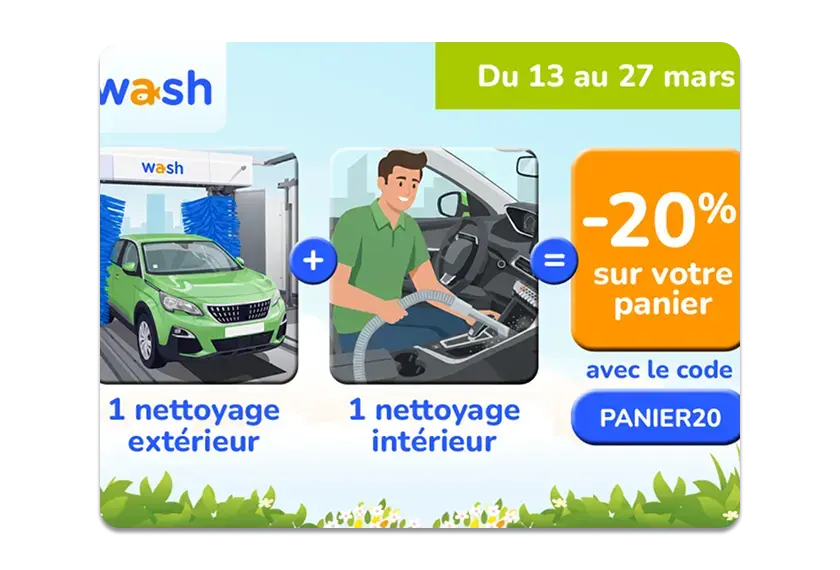 -20% sur le lavage complet. (lavage extérieur + entretien intérieur)  HP :