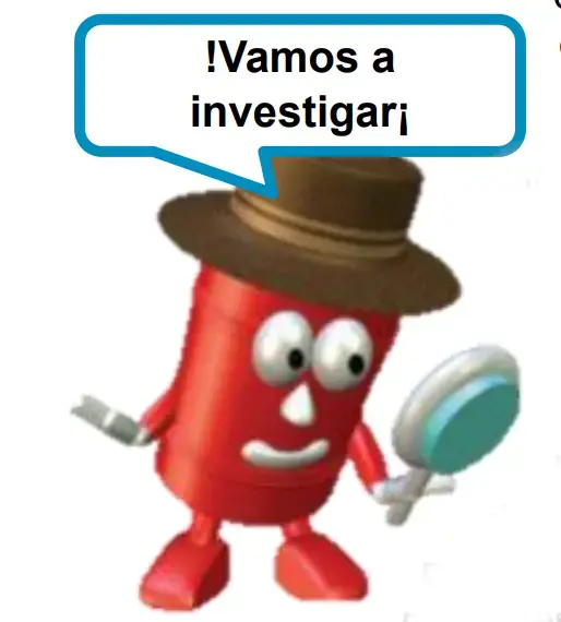 Dibujo de un barril rojo con cara, vestido como un detective con sombrero y lupa