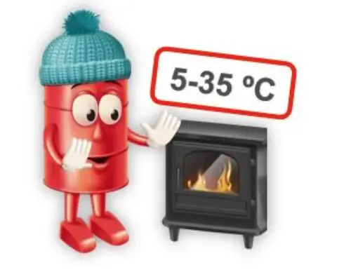 Dibujo de un barril rojo con un gorro de lana azul, poniendo las manos delante de una chimenea encendida