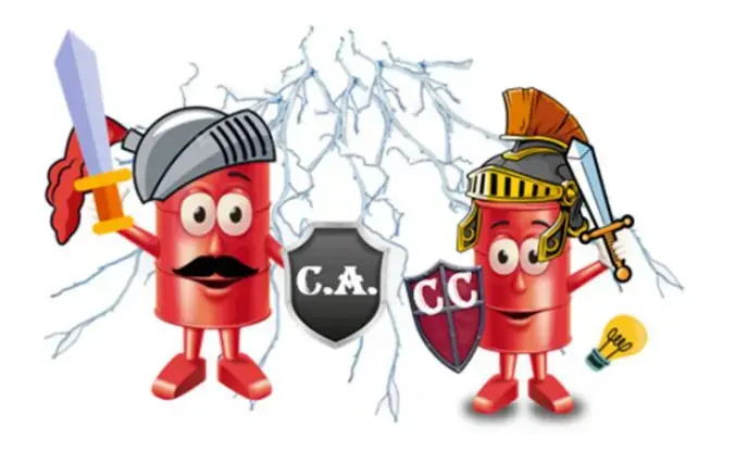 Dibujo de dos barriles rojos con cara disfrazados con yelmos, escudos y espadas