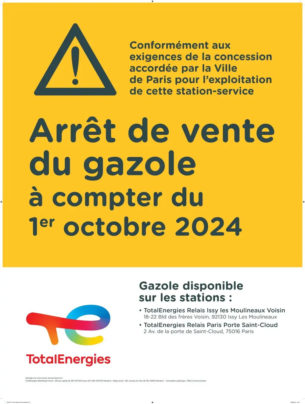 Arrêt de vente du gazole à compter du 1er octobre 2024 - RELAIS PONT AVAL