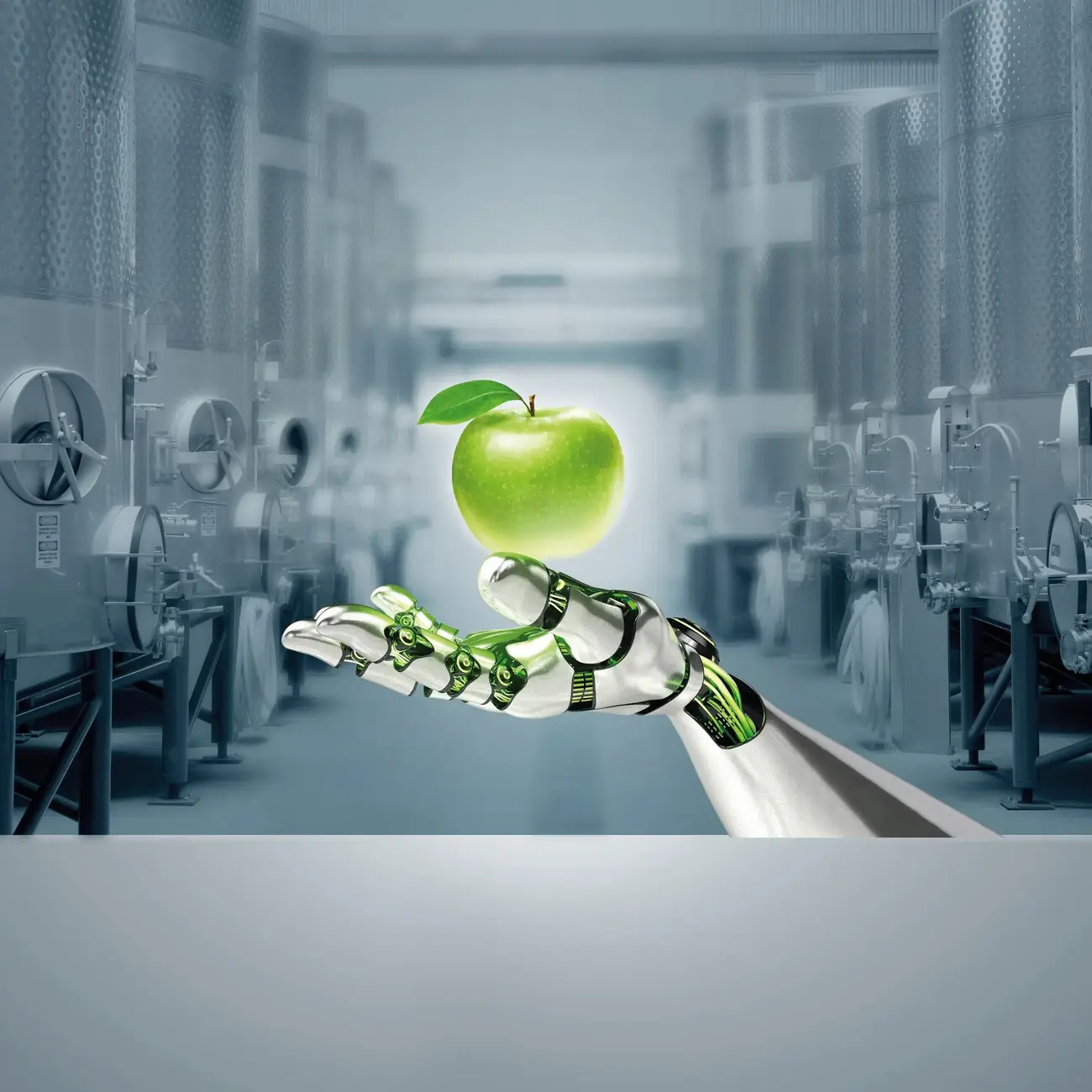a robotic hand holding a fresh green apple