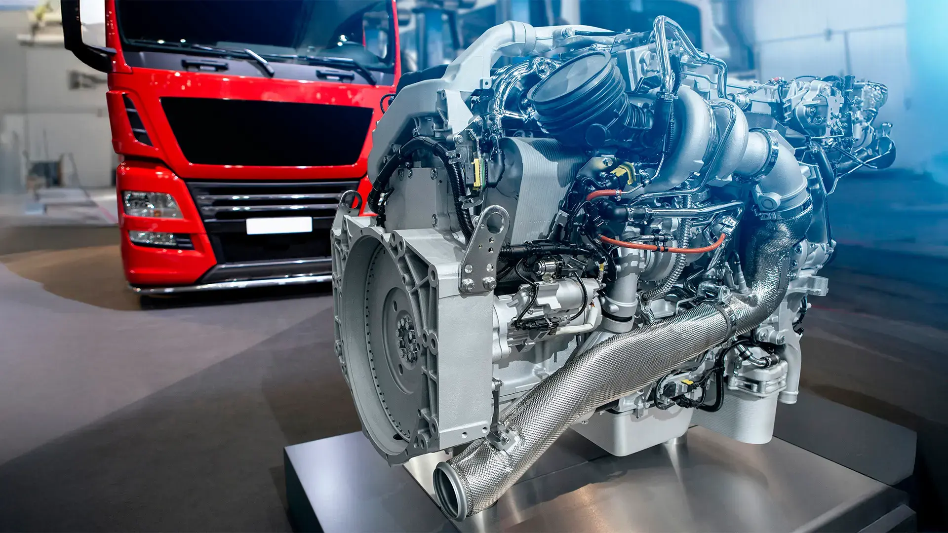 Motor diésel frente a camión de transporte pesado.