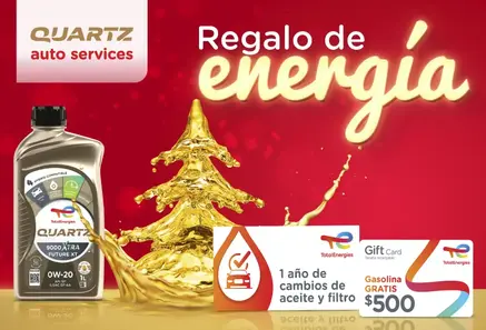 ¡Llévate este combo navideño! Participa haciendo un cambio de aceite y filtro en un centro Quartz Auto Services.