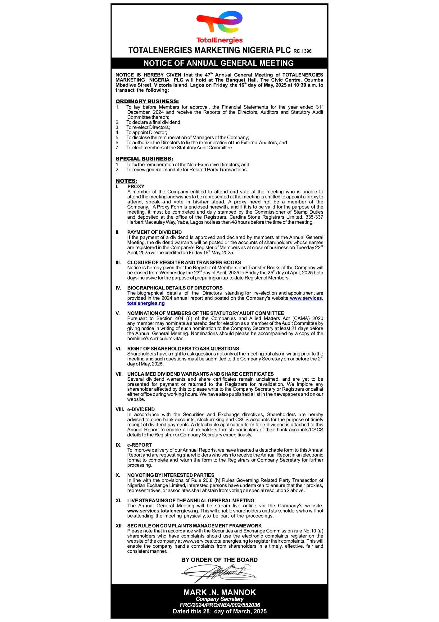 notice of 47 annual general meeting up