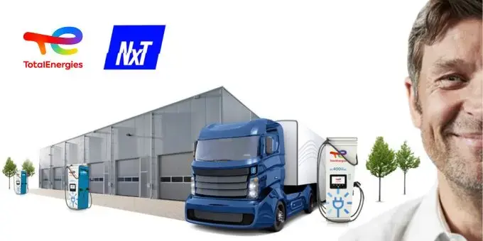 eLKW vor Logistikunternehmen mit Ladesäule und Gesichtshälfte von einem Mann