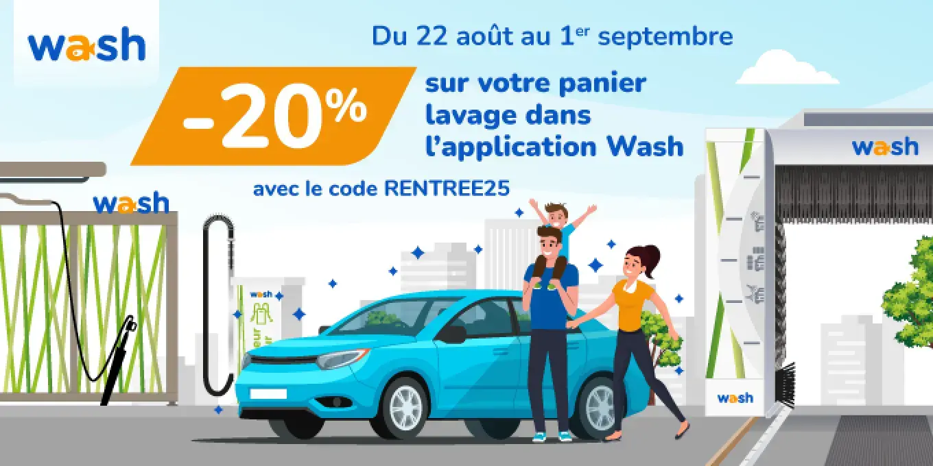 Profitez de -20% sur vos lavages avec le code RENTREE25 pour bichonner votre voiture jusqu’au 01/09.