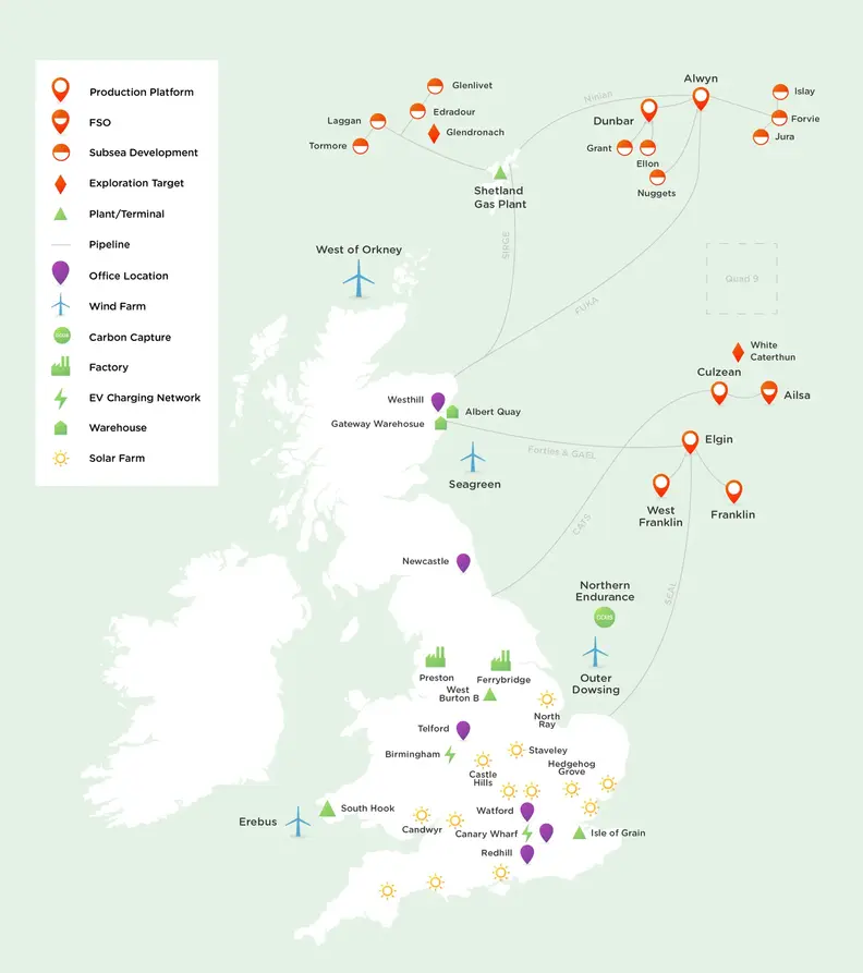 Map of TotalEnergies operations in the UK, including offshore oil and gas fields, offshore wind farms, solar farms, manufacturing plants and offices.