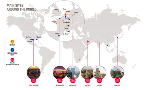map showing main refining and petrochemical sites around the world