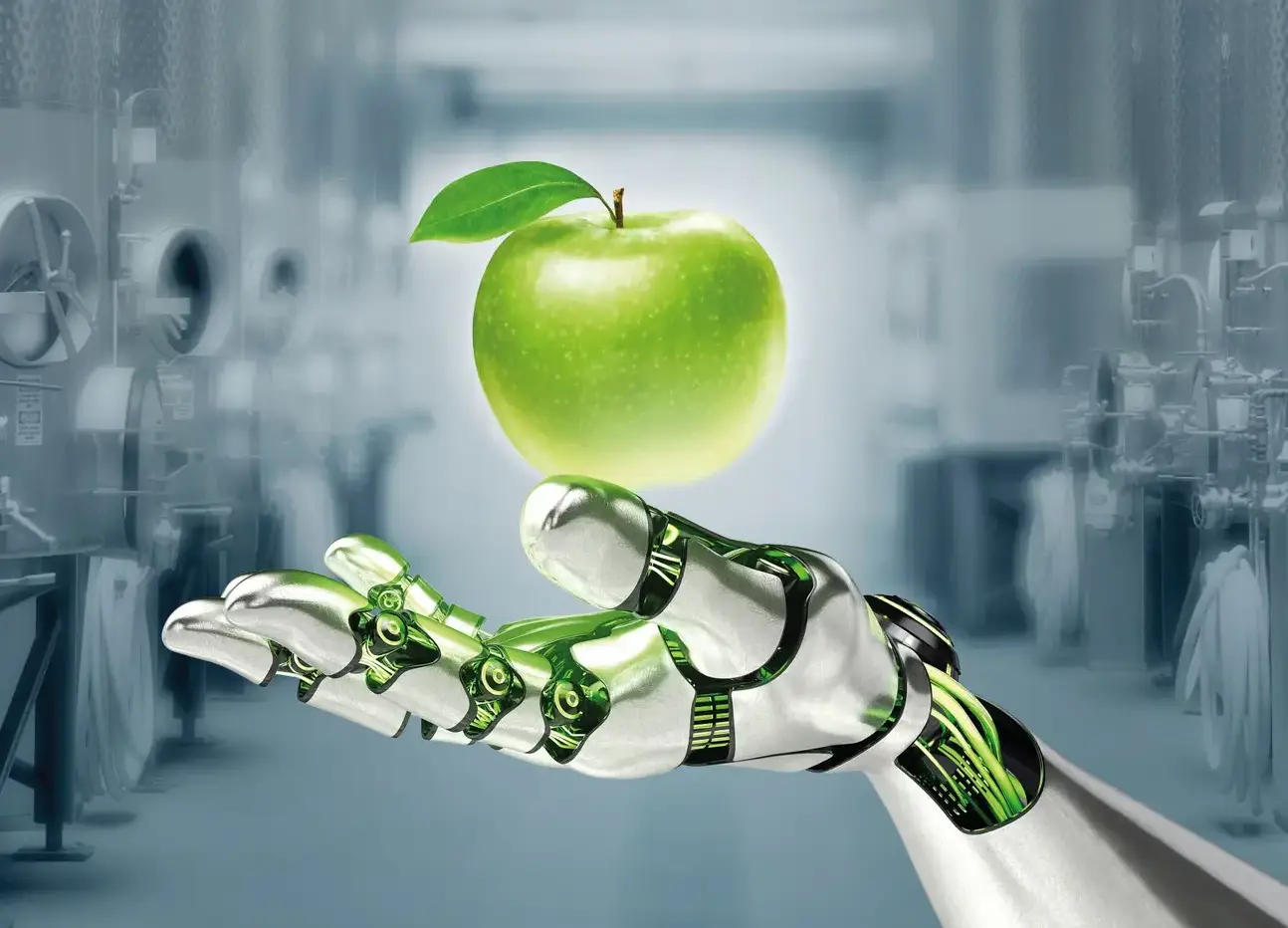 a robotic hand holding a fresh green apple